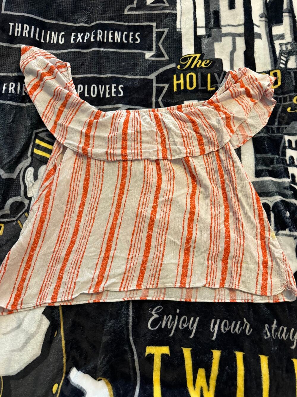 By & By Women XXL Off The Shoulder Top Orange Cream Striped Boho Ruffle Blouse